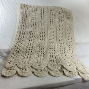 Vtg Cream Color Afghan Large Throw Blanket Handmade Crocheted Cottage Cozy Core